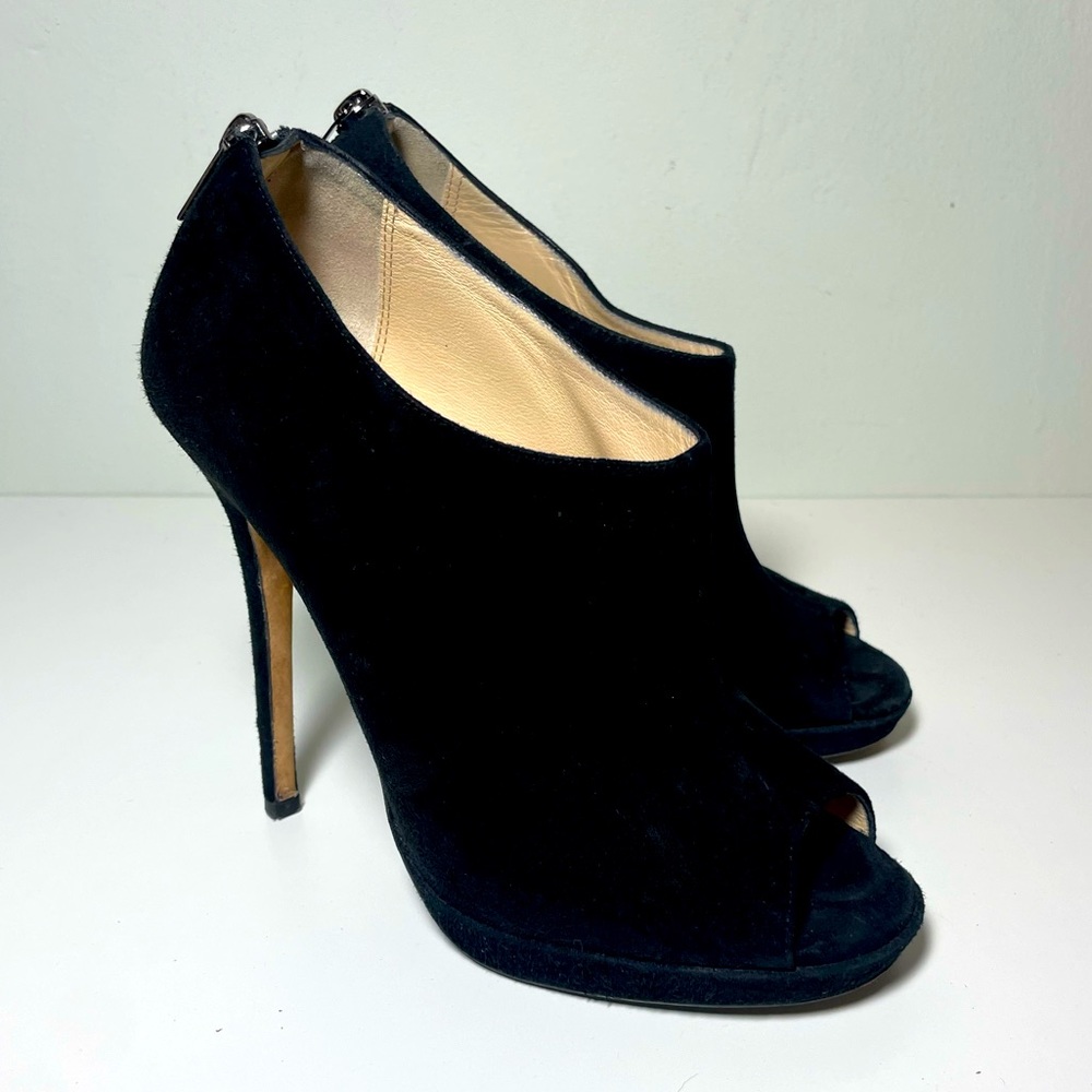 JIMMY CHOO Black Suede Glint Peep Toe Booties Size 6.5